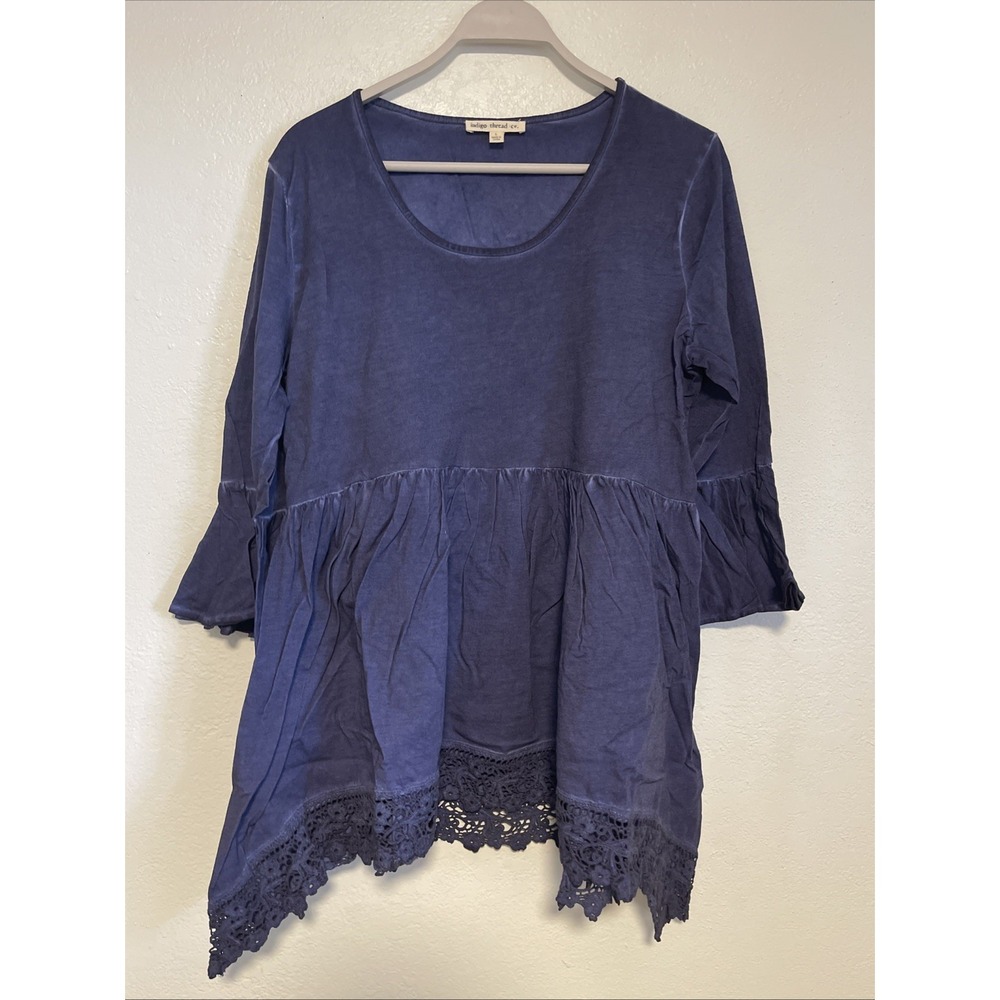Indigo Thread Co Boho Dark Blue Top Crochet Edge Mini Dress Size Large‎ NEW